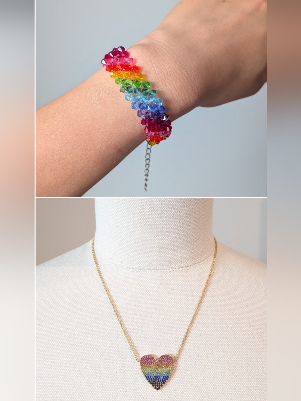 NWOT Lot 2 Pride Baublebar Rainbow Gold Tone Heart Necklace Crystal Bracelet